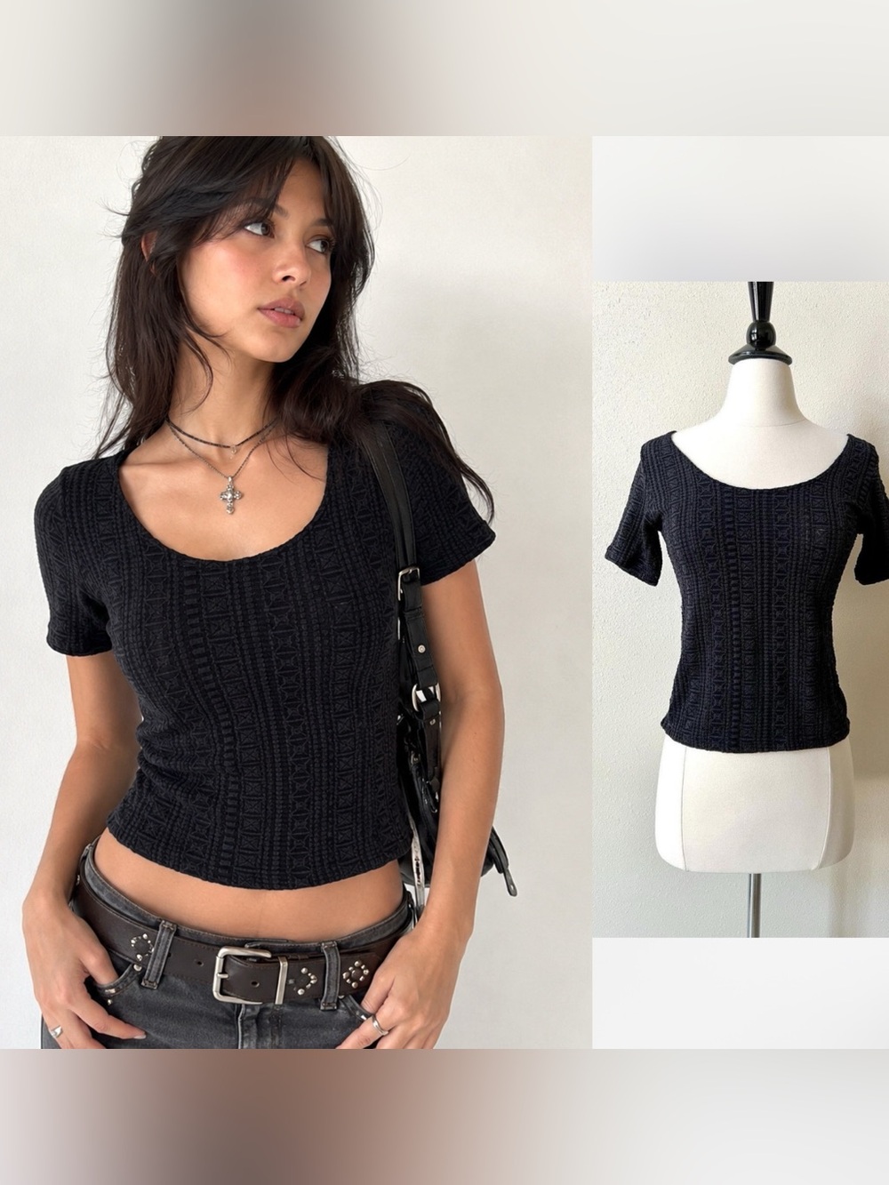 VTG Wolford Top Small Stretchy Textured Geometric Nylon Black Short Sleeve Y2K